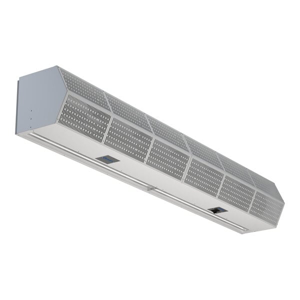 An indoor electric heated air curtain unit designed for pass-thru applications.