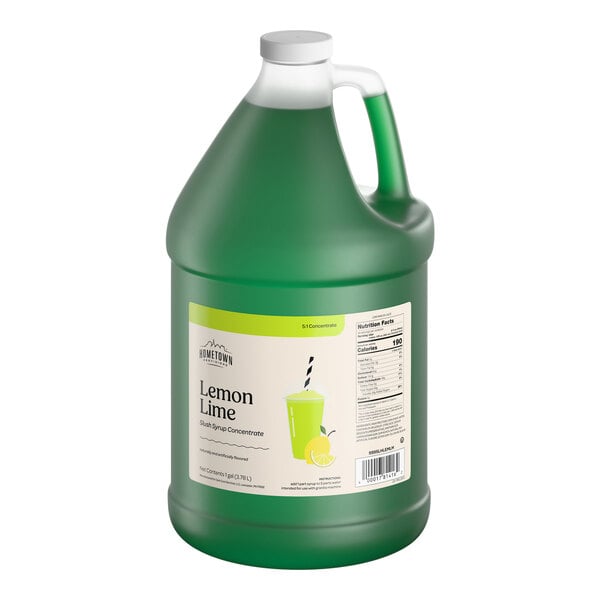 A one-gallon jug of Hometown Provisions Lemon Lime Slushy 5:1 concentrate.