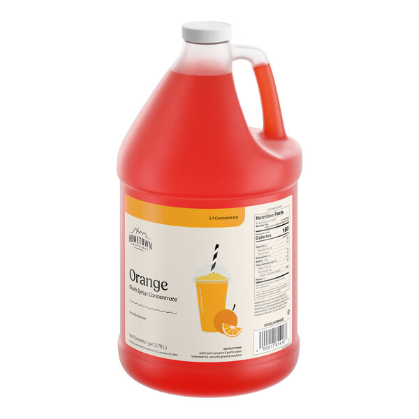 A one-gallon jug of Hometown Provisions Orange Slushy 5:1 concentrate.