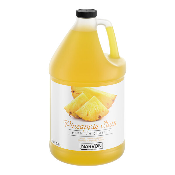 A one-gallon jug of Narvon Pineapple Slush concentrate.