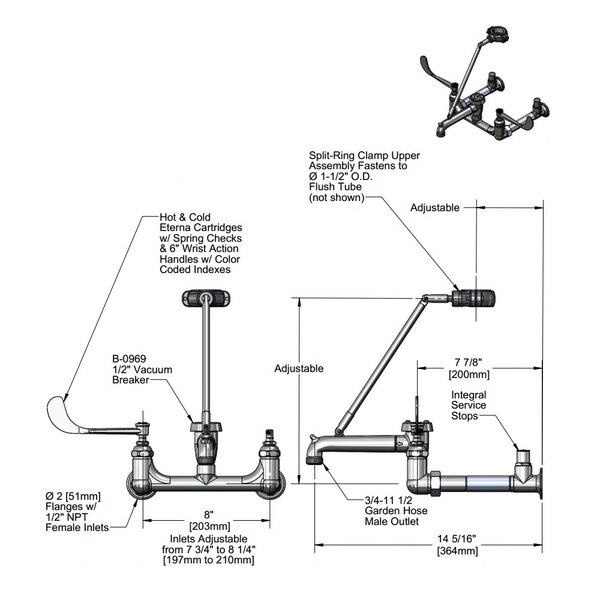 A diagram of a T&S wall mount service sink faucet with its parts.