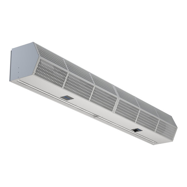 An indoor electric heated air curtain unit designed for pass-thru applications.