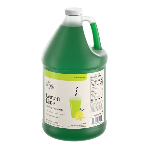A one-gallon jug of Hometown Provisions Lemon Lime Slushy 5:1 concentrate.