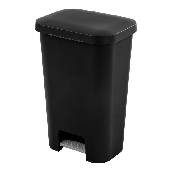 A black rectangular step-on wastebasket with a foot pedal.