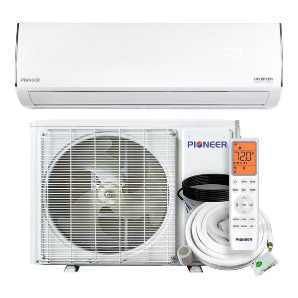 A Pioneer Diamante Essenza WYT-17 high wall-mounted ductless mini split AC and heat pump system with indoor and outdoor units, remote control, and installation accessories.