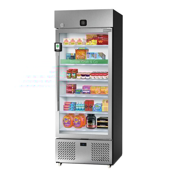 A tall, glass-fronted smart pantry vending microstore filled with various packaged food and household items.