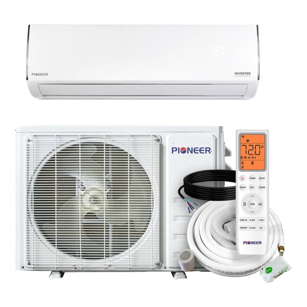 A Pioneer Diamante Essenza high wall-mounted ductless mini split air conditioner and heat pump system with indoor and outdoor units, remote control, and installation accessories.