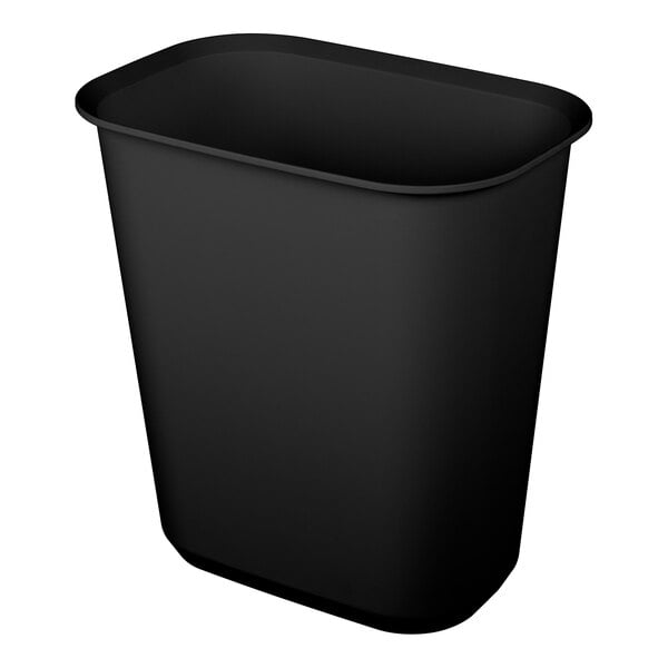 A black rectangular plastic wastebasket.