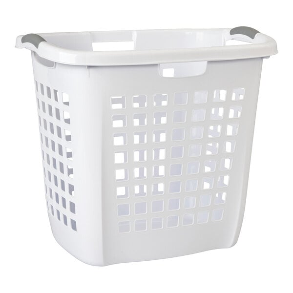 A white rectangular plastic laundry hamper with vented sides and easy-carry handles.