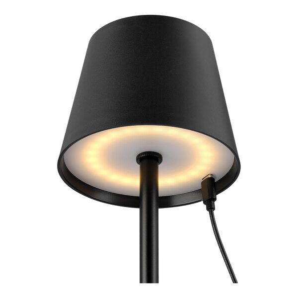 A black matte metal battery-powered LED lamp with a minimalist design and a circular light ring under the shade.