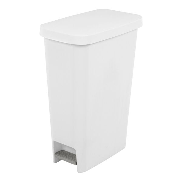 A white rectangular step-on wastebasket with a slim design.