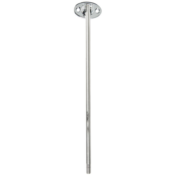 A chrome metal wall mount with round bases and a long silver pole.