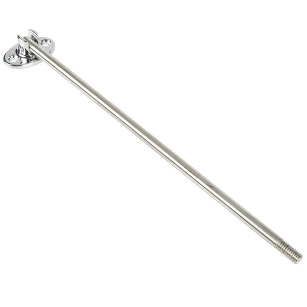 A T&S rough chrome metal service sink faucet with silver metal pipes and a long metal rod.