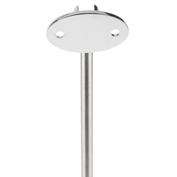 A silver metal T&amp;S service sink faucet with round wall supports and a round object with holes.