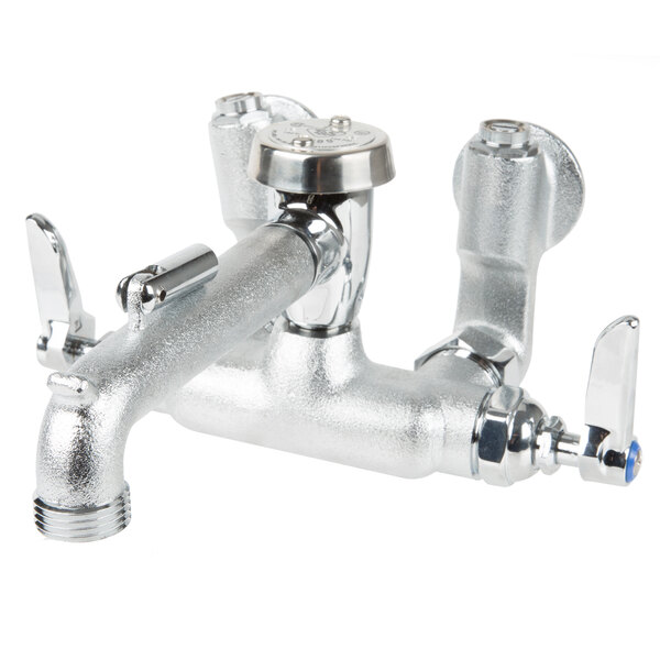 A silver T&S wall mount service sink faucet with chrome knobs and a vacuum breaker.