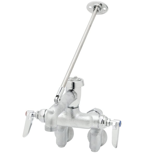 A T&S rough chrome service sink faucet with a long handle.
