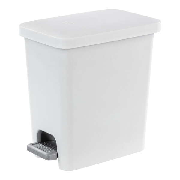 A white rectangular step-on wastebasket with a foot pedal.