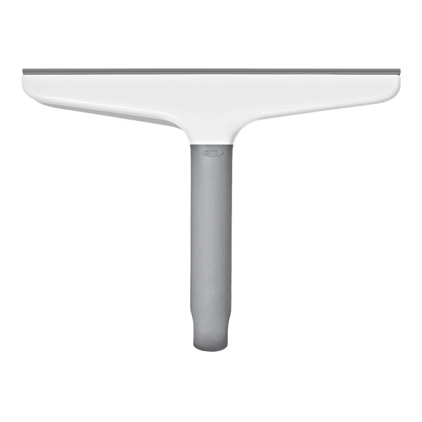 A white and gray plastic squeegee with a 10-inch blade and a hook for hanging.