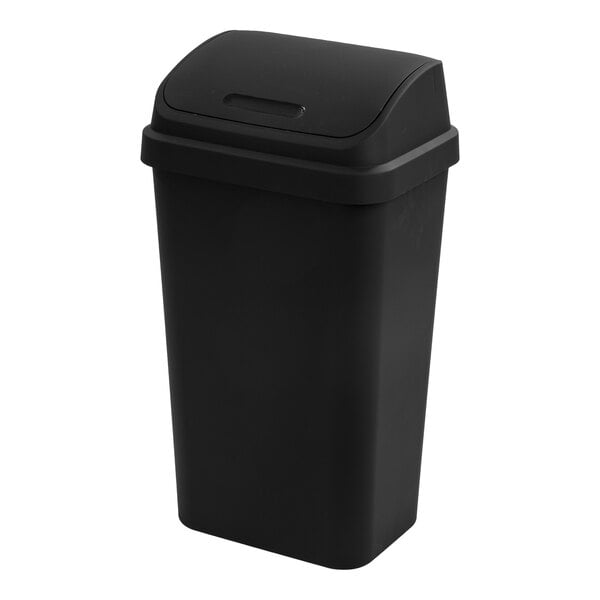 A black rectangular wastebasket with a swing-top lid.