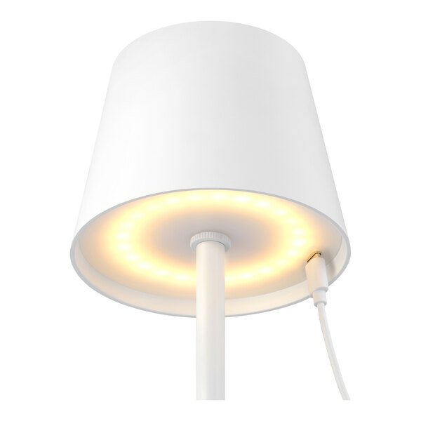 A white matte metal battery-powered LED lamp with a minimalist design.