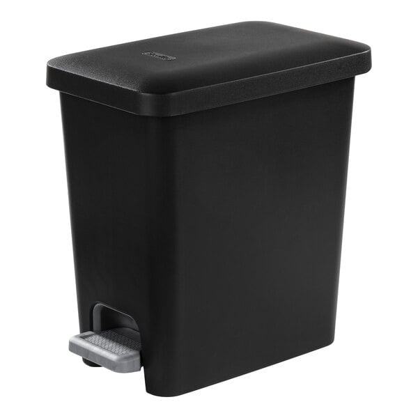 A black rectangular step-on wastebasket with a foot pedal.