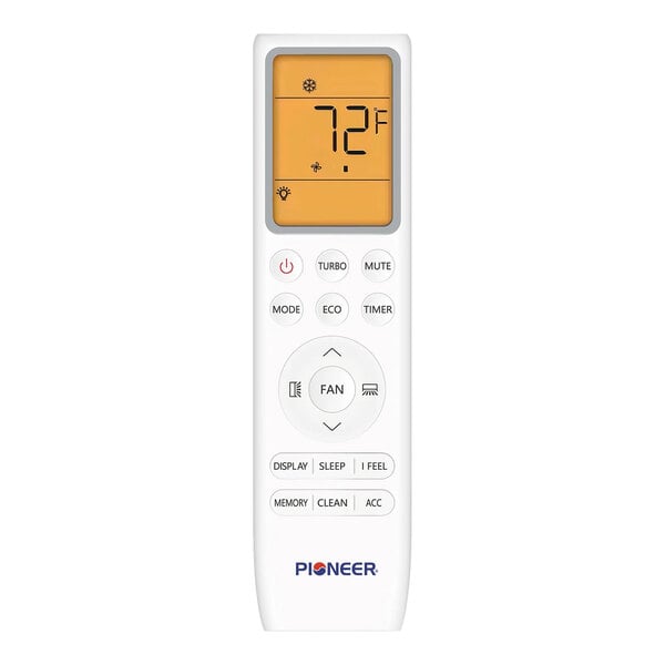 A white Pioneer remote control for a wall-mounted ductless mini split AC and heat pump system with a digital display.
