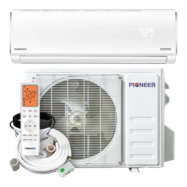 A Pioneer Diamante Pro high wall-mounted ductless mini split air conditioner and heat pump system with remote control and installation accessories.