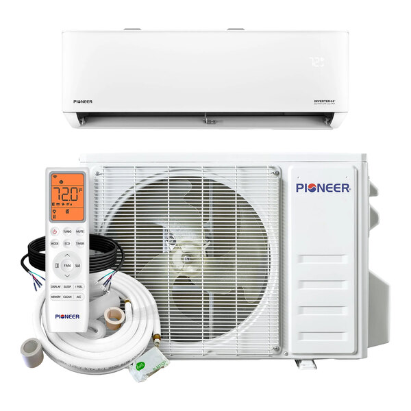 A Pioneer Quantum Ultra WYT-24 high wall-mounted ductless mini split AC and heat pump system with indoor and outdoor units, remote control, and installation accessories.