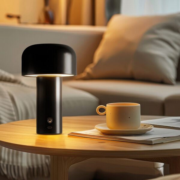 A modern glossy black iron battery-powered LED table lamp with a frosted diffuser, placed on a wooden table next to a cup and saucer.