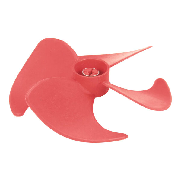 A red plastic counterclockwise evaporator fan blade with four blades.
