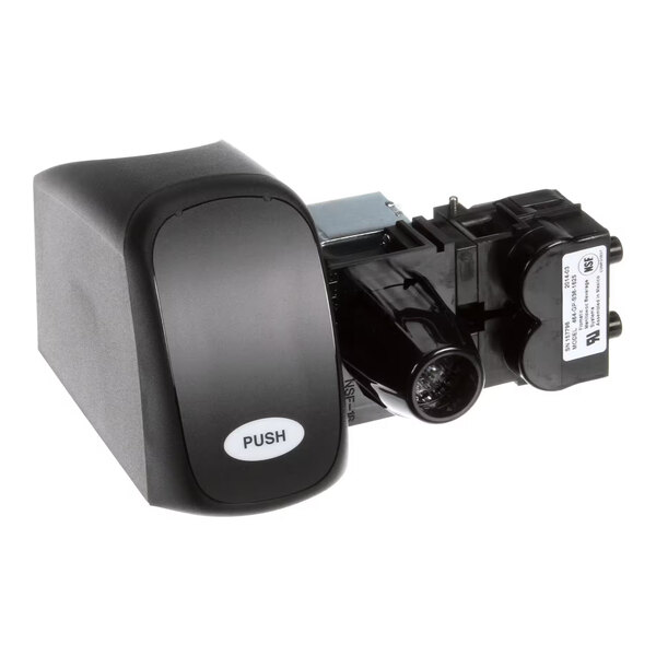 A black push-button valve assembly for beverage dispensing systems.