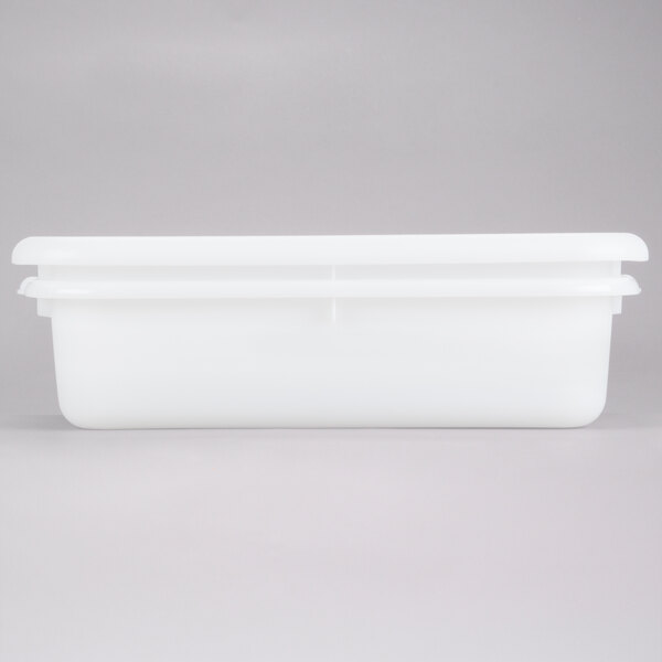 A white Tablecraft plastic container with a lid.
