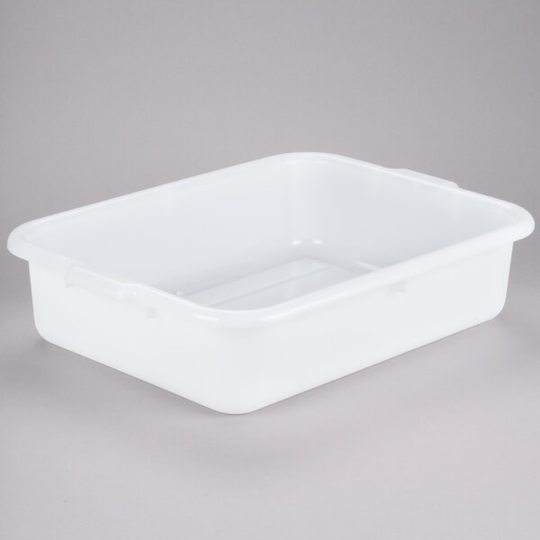 A white plastic Tablecraft freezer safe drain box with handles.