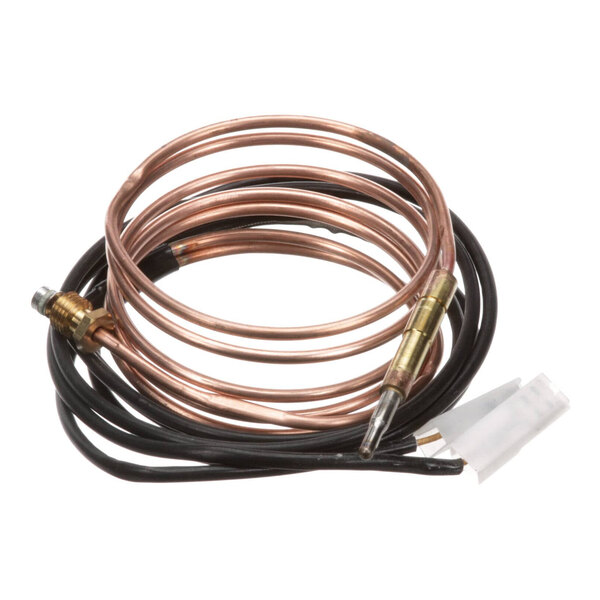 A coiled copper thermocouple with attached black wire and connector.