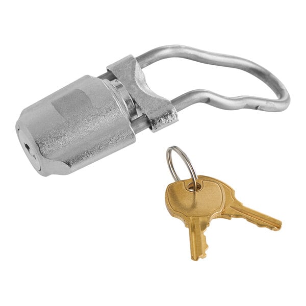 A metal faucet lock with two brass keys for securing select beer tower faucets.