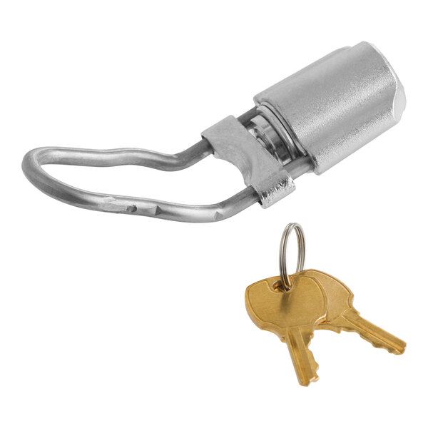 A metal faucet lock for beer tower faucets with two brass keys.