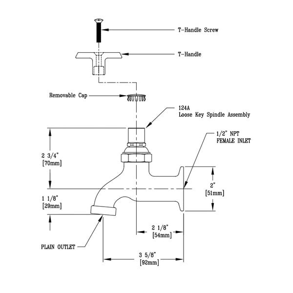 A diagram of a T&S wall mount faucet with a tee handle and key stop.