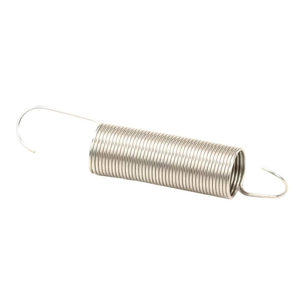 A metal coil tension spring with hooks on both ends.