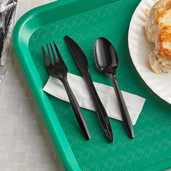 Choice Medium Weight Black Wrapped Polypropylene Plastic Cutlery Set with Napkin - 500/Case