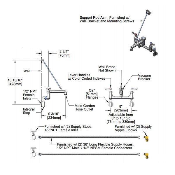 A diagram of a T&S wall mount service sink faucet.