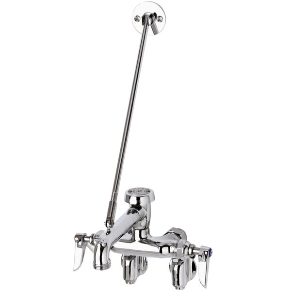A T&S polished chrome service sink faucet with handles and hoses.