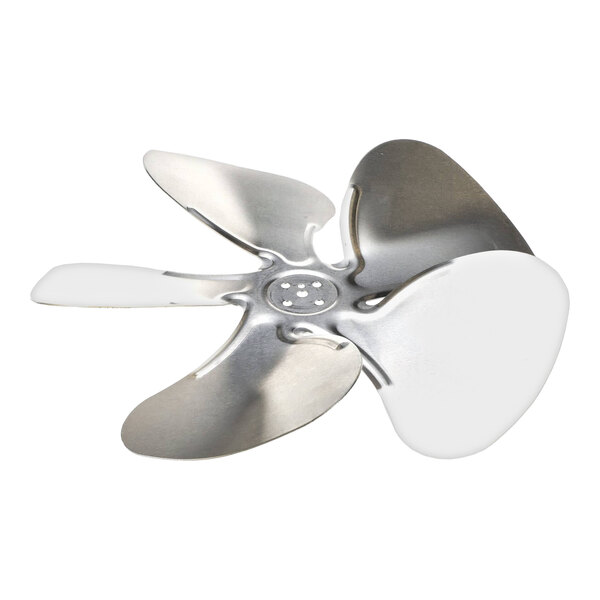 A metal fan blade with four curved blades and a central mounting hub.