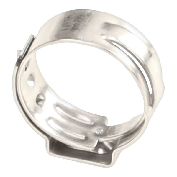 A metal stepless clamp used for securing hoses or tubing.