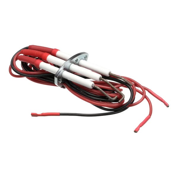 An Electrolux 0G5949 ignition electrode with attached wires and ceramic insulators.