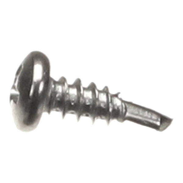 A small metal self-tapping screw with a pan head and a sharp tip.