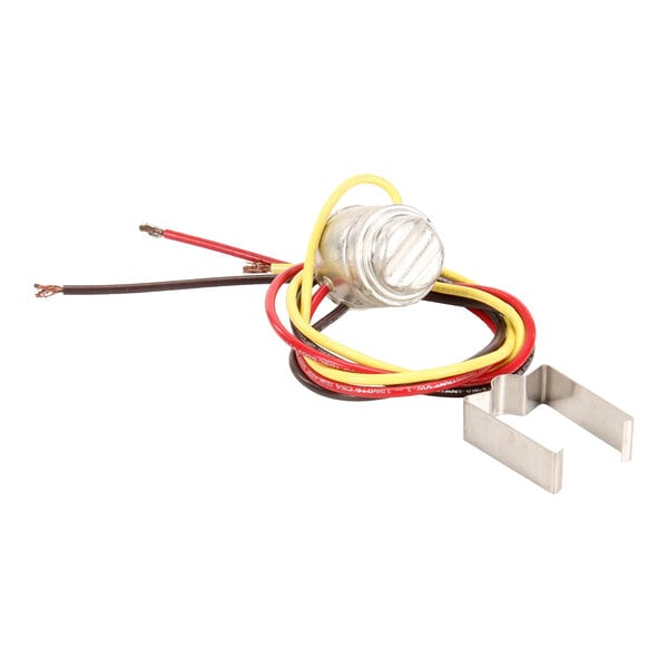 A fan delay and defrost terminator with attached wires and a metal mounting clip.