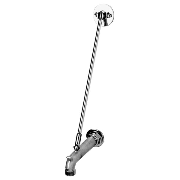 A T&S chrome plated metal faucet with a long handle.