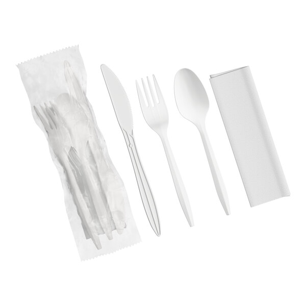 Choice Medium Weight White Wrapped Polypropylene Plastic Cutlery Set with Napkin - 500/Case