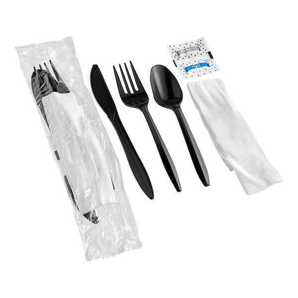 Choice Medium Weight Black Wrapped Polypropylene Plastic Cutlery Set with Napkin and Salt and Pepper Packets - 500/Case
