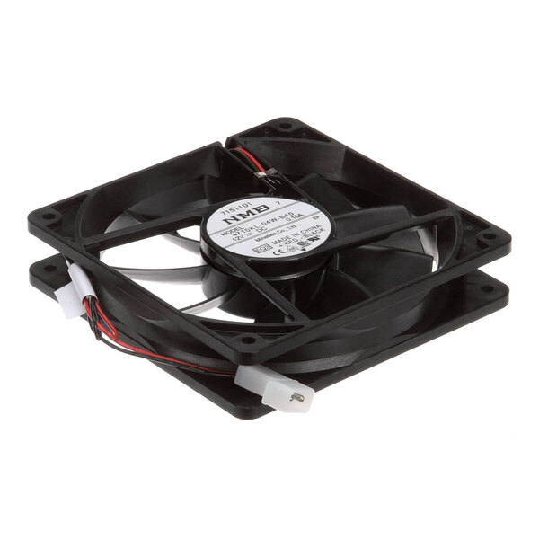 A black NMB 12V DC fan motor with a square frame and attached wiring, used for cooling applications.